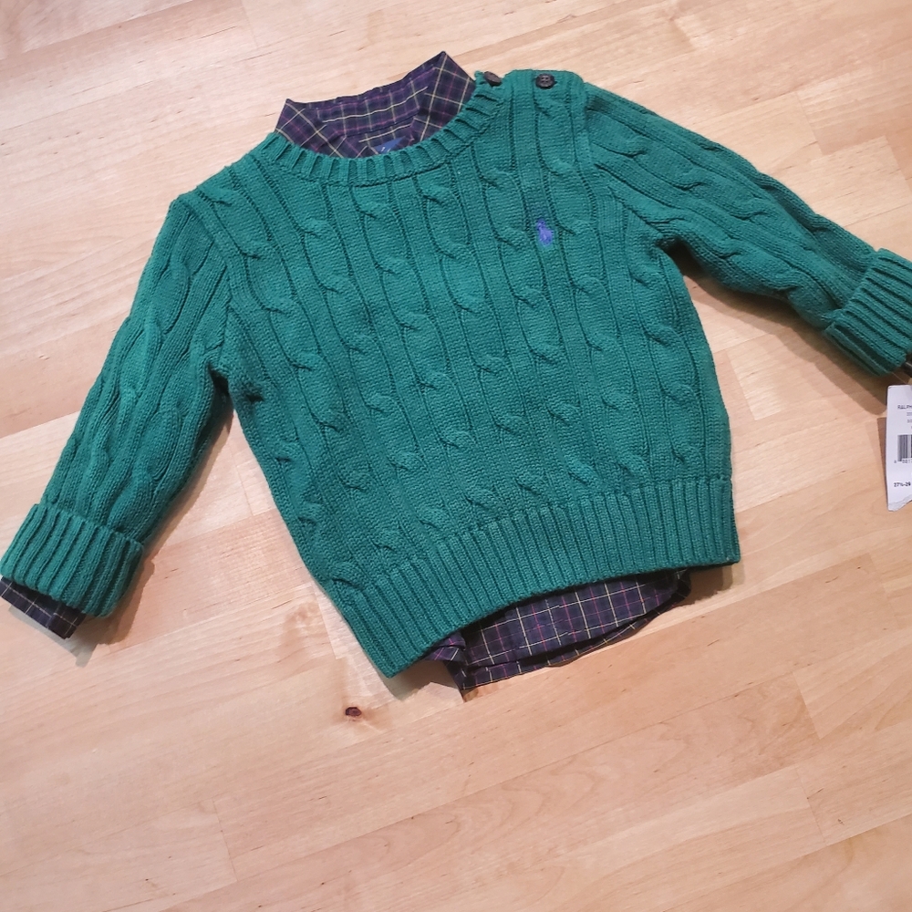 NWT Polo Ralph Lauren Green Cable Knit Sweater with Plaid Shirt Size 9 Month